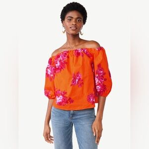 Scoop Women's Off The Shoulder Poplin Top with Puff Sleeves Orange Floral